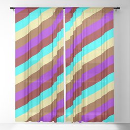[ Thumbnail: Vibrant Maroon, Aqua, Tan, Brown, and Dark Violet Colored Pattern of Stripes Sheer Curtain ]