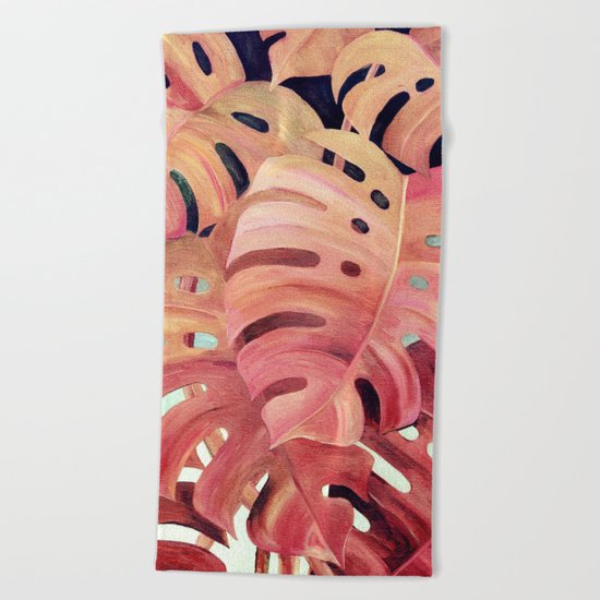 Monstera Love in Magenta and Coral - oil painting Beach Towel