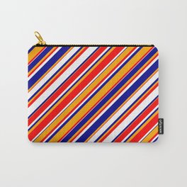 [ Thumbnail: White, Dark Blue, Orange & Red Colored Stripes/Lines Pattern Carry-All Pouch ]