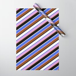 [ Thumbnail: Royal Blue, Plum, Brown, Black & White Colored Lines Pattern Wrapping Paper ]