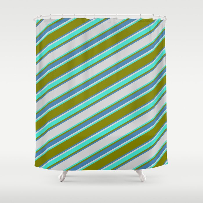 Green, Blue, Light Gray & Turquoise Colored Striped Pattern Shower Curtain