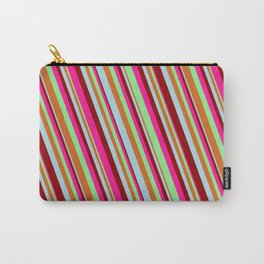 [ Thumbnail: Eye-catching Deep Pink, Light Green, Chocolate, Light Blue & Dark Red Colored Lines/Stripes Pattern Carry-All Pouch ]