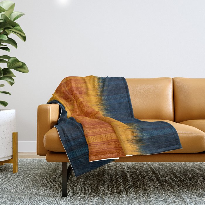N249 - Orange Blue Oriental Vintage Boho Moroccan Style Throw Blanket