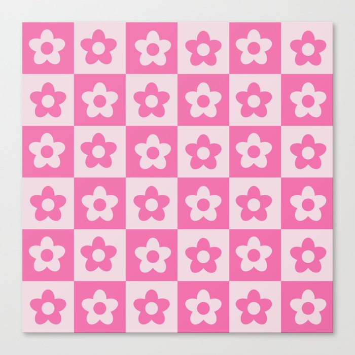 Hot Pink and White Retro Checkered Flower Pattern Canvas Print