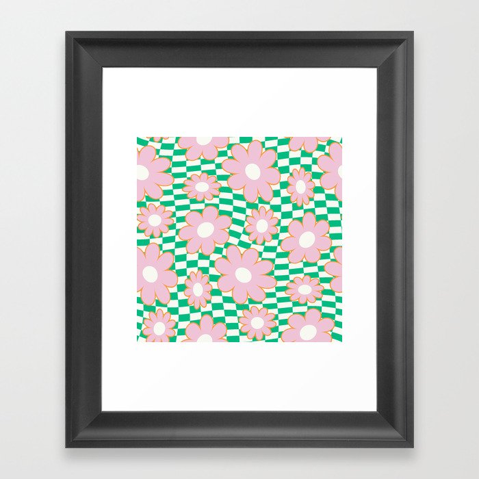 Simple Retro Flowers on Alternative Warped Checkerboard (Green & Pink) Framed Art Print