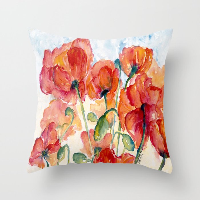 Tangerine Orange Poppy field WaterColor by CheyAnne Sexton Throw Pillow