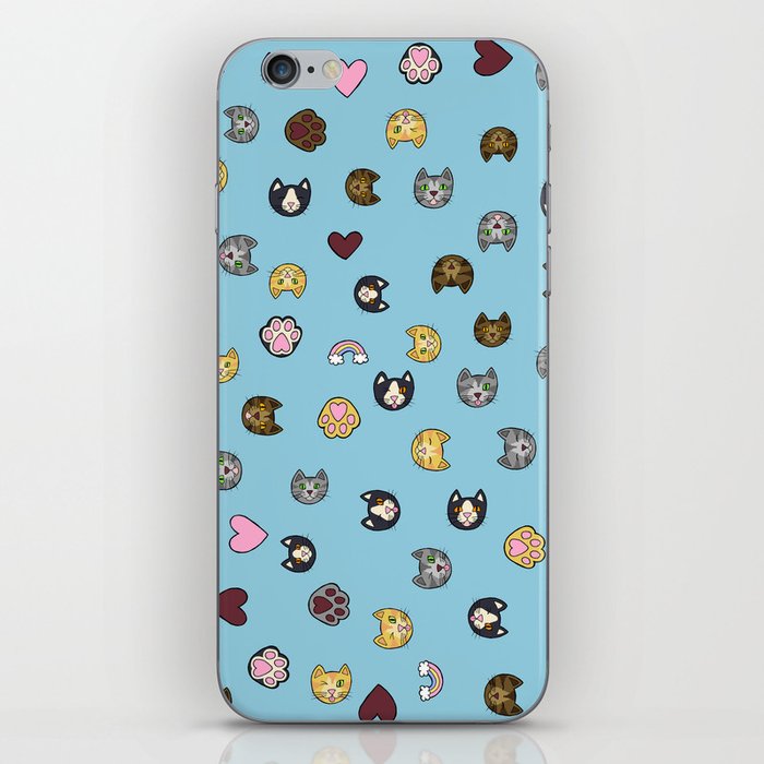 Heavenly Cute Hand Drawn Cat Faces Pattern - Sky Blue iPhone Skin