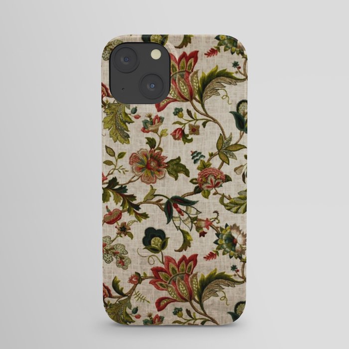 Red Green Jacobean Floral Embroidery Pattern iPhone Case