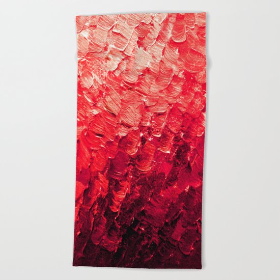 MERMAID SCALES 4 Red Vibrant Ocean Waves Splash Crimson Strawberry Summer Ombre Abstract Painting Beach Towel