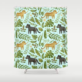 Watercolor leopard and black panther in tropical jungle. Tropical monstera leaves.  Shower Curtain