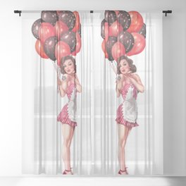 Sexy Brunette Pin Up With Tattoo, Baloons And Maid Dress Sheer Curtain
