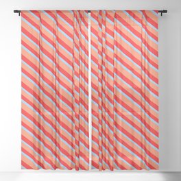 [ Thumbnail: Coral, Red & Light Sky Blue Colored Stripes/Lines Pattern Sheer Curtain ]
