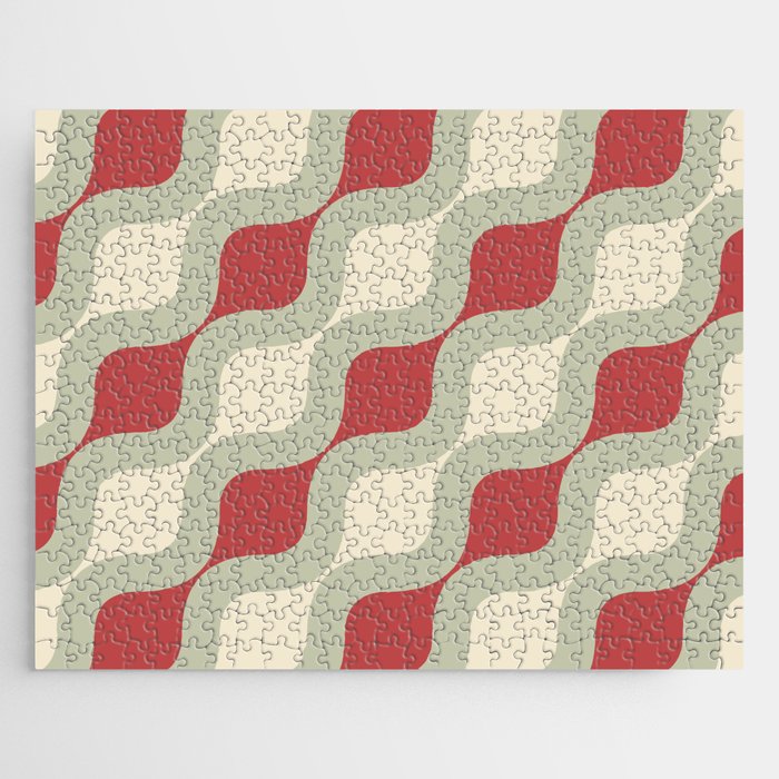 Midcentury Colorful  Geometric Curved lines pattern - Red and Off white Jigsaw Puzzle