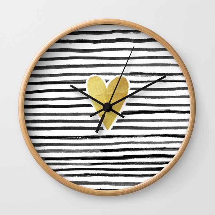 Gold Heart And Black ink abstract horizontal stripes background.  Wall Clock