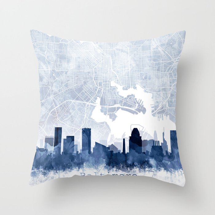 Baltimore Skyline & Map Watercolor Navy Blue, Print by Zouzounio Art Throw Pillow