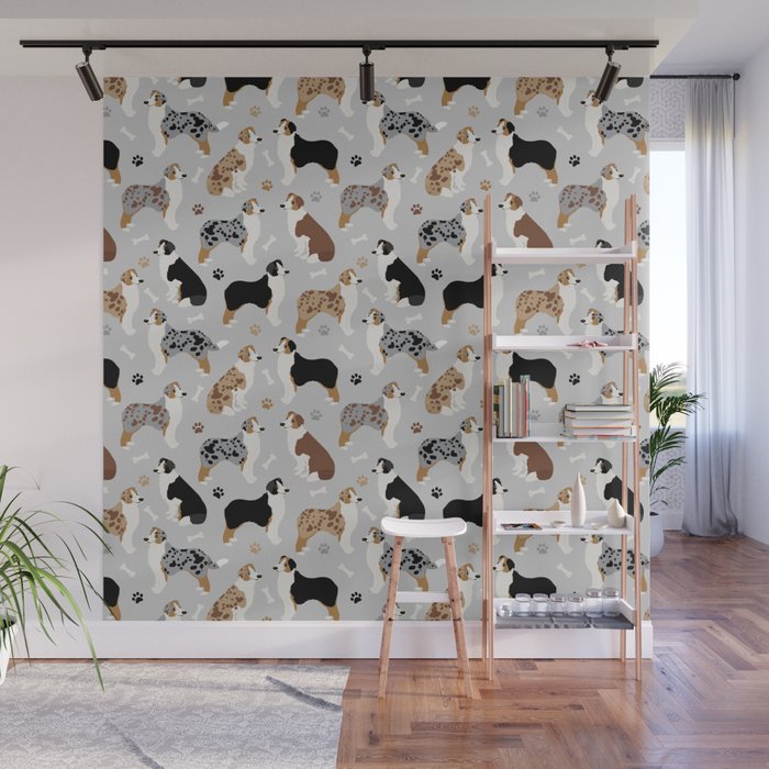 Australian Shepherd Dog Aussie Dogs Pattern Gray Wall Mural