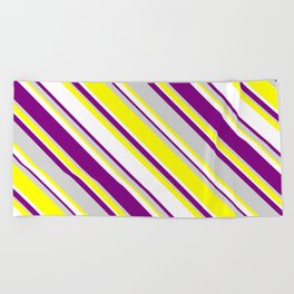 [ Thumbnail: White, Purple, Light Gray & Yellow Colored Lines Pattern Beach Towel ]