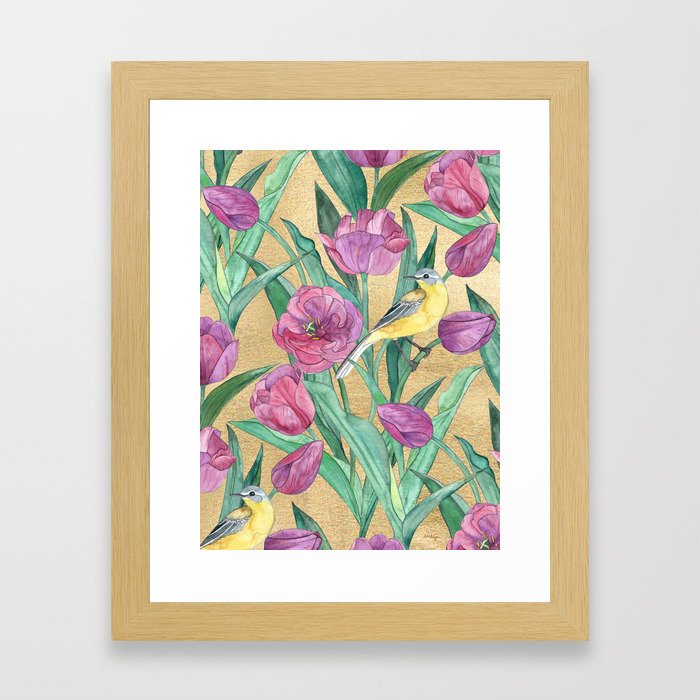 Blue Headed Wagtail in the Tulips Framed Art Print