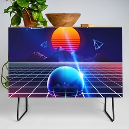 Neon sunset, mountains and sphere Credenza