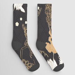 Japanese seamless pattern with crane birds and bonsai trees Socks