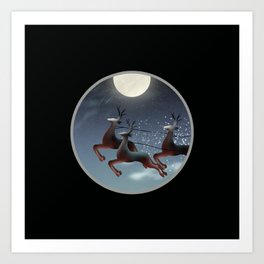 Santa's Reindeers flying while Christmas Art Print