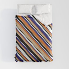 [ Thumbnail: Eyecatching Tan, Black, Mint Cream, Midnight Blue & Chocolate Colored Striped Pattern Duvet Cover ]