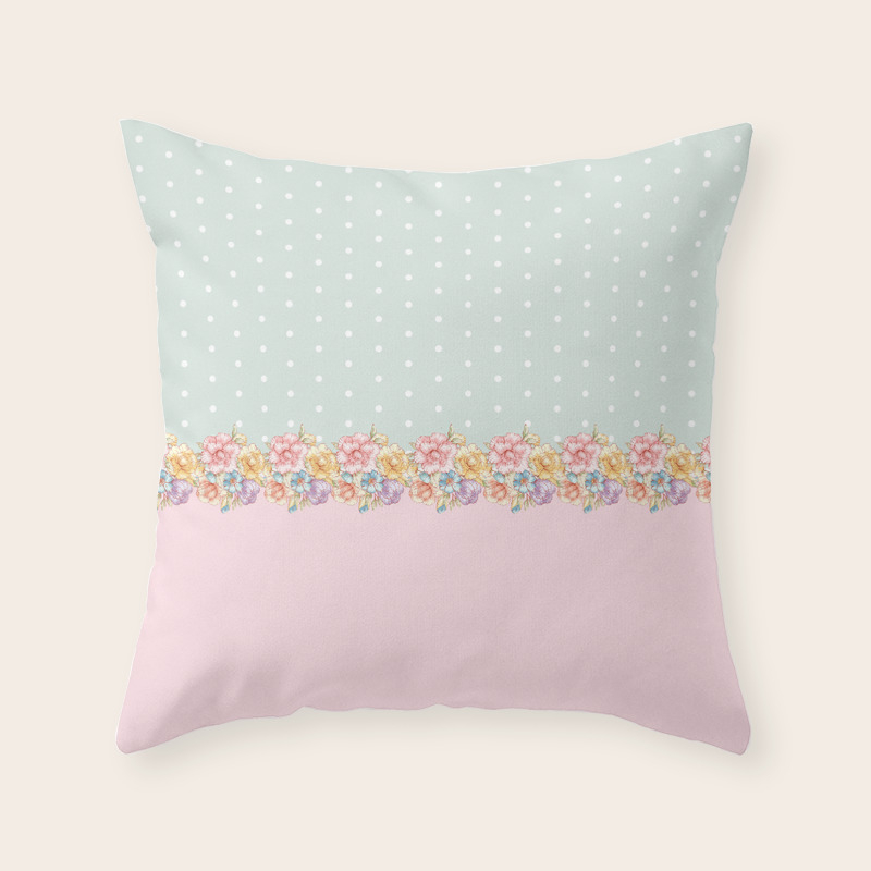 Vintage Green Pastel Pink Yellow Floral Polka Dots Throw Pillow By
