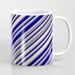 [ Thumbnail: Dark Blue, Tan, and Grey Colored Striped Pattern Coffee Mug ]