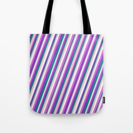 [ Thumbnail: Eye-catching Pink, Mint Cream, Orchid, Dark Orchid & Dark Cyan Colored Stripes Pattern Tote Bag ]