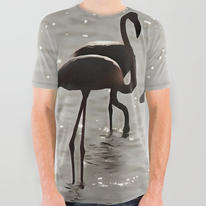 Three Flamingos Grey Silhouette Acrylic Art  All Over Graphic Tee