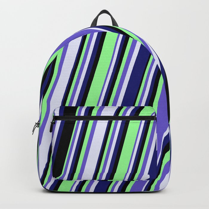 Slate Blue, Lavender, Midnight Blue, Black & Green Colored Lines/Stripes Pattern Backpack