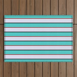 [ Thumbnail: Turquoise, Red, Lavender & Black Colored Lines Pattern Outdoor Rug ]