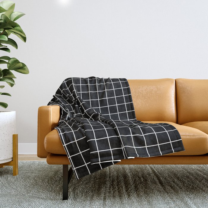 Black Grid White Lines Black Aesthetic Throw Blanket