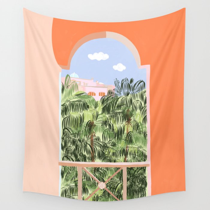 Summer Travel, Tropical Nature Palm Trees, Modern Architecture Palace Illustration Painting Wall Tapestry