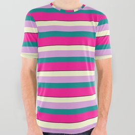 [ Thumbnail: Colorful Light Yellow, Plum, Dark Cyan, Deep Pink & Black Colored Lined Pattern All Over Graphic Tee ]