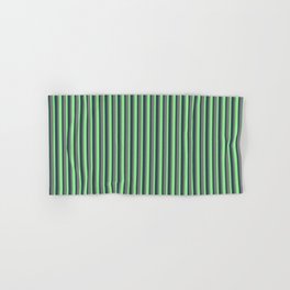 [ Thumbnail: Dark Slate Gray, Light Green, and Grey Colored Striped/Lined Pattern Hand & Bath Towel ]
