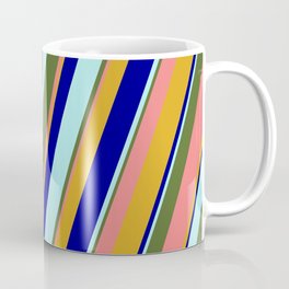 [ Thumbnail: Colorful Dark Olive Green, Light Coral, Goldenrod, Dark Blue, and Turquoise Colored Lined Pattern Coffee Mug ]