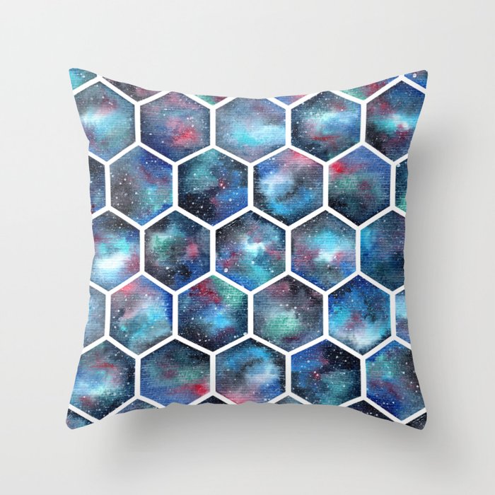 Watercolor Galaxy Honeycomb Pattern Throw Pillow