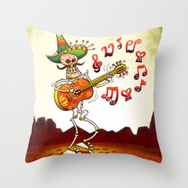 Mexican Skeleton Playing Guitar Throw Pillow
