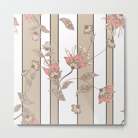 Retro . Floral pattern on a beige striped background . Metal Print