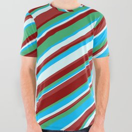 [ Thumbnail: Eyecatching Dark Red, Sea Green, Deep Sky Blue, Light Cyan & Brown Colored Lines/Stripes Pattern All Over Graphic Tee ]