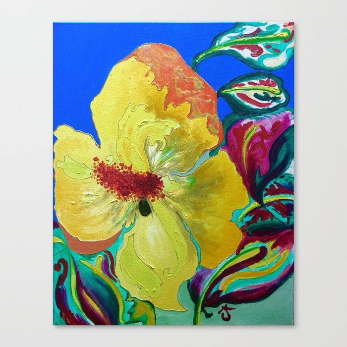 Birthday Acrylic Yellow Orange Hibiscus Flower Painting With Red