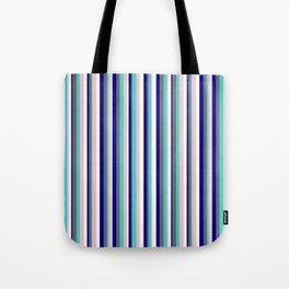 [ Thumbnail: Eye-catching Dark Blue, Dim Gray, Turquoise, Pink, and White Colored Lined/Striped Pattern Tote Bag ]