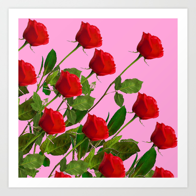 Red Long Stemmed Roses On Pink Art Print By Sharlesart Society6