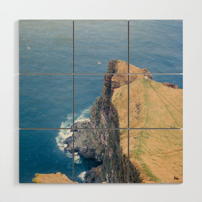 Bird-eye View Blue Atlantic Ocean Meets Cliffs with Lighthouse Faroe Island  Wood Wall Art