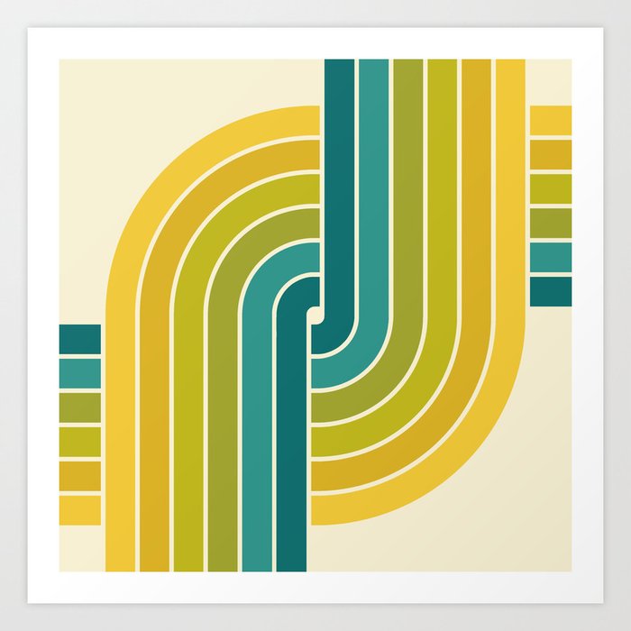 Retro 70s Style Geometric Crisscross 547 Green Blue and Yellow Art Print