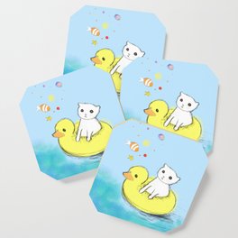 Cute White Kitten with duck lifebuoy and colored fish Coaster