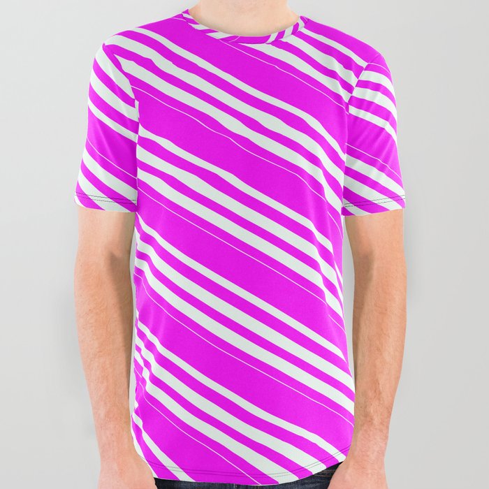 Fuchsia and Mint Cream Colored Lined/Striped Pattern All Over Graphic Tee