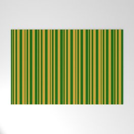 [ Thumbnail: Goldenrod and Dark Green Colored Stripes Pattern Welcome Mat ]