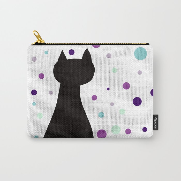 Black Cat Party! Carry-All Pouch | Drawing, Digital, Black-cat, Black-cat-party, Black-cat-polka-dots, Purple-and-teal, Black-cat-gifts, Cat-gifts, Cat-lover-gift, Holiday-gift